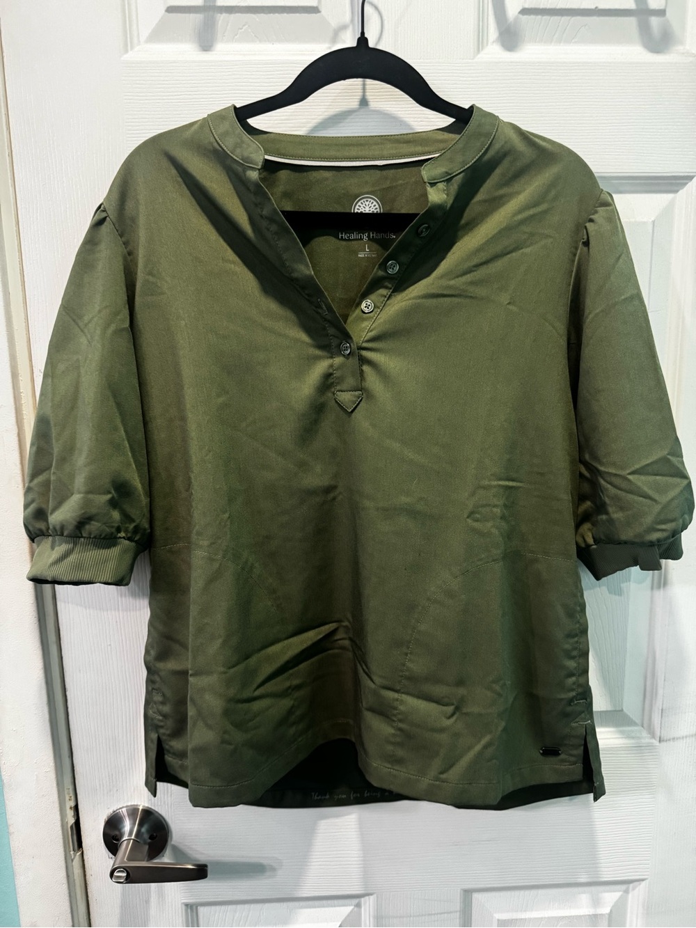 healing hands Olive Green Henley-Style Scrub Set